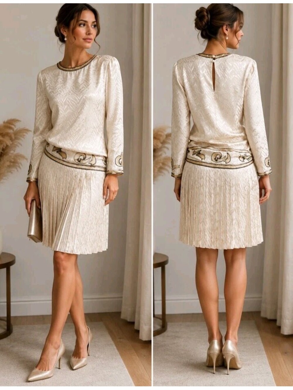 A.J. Bari Vintage Silk Dress Size 6 Ivory Sequin Beaded Pleated Cocktail #3